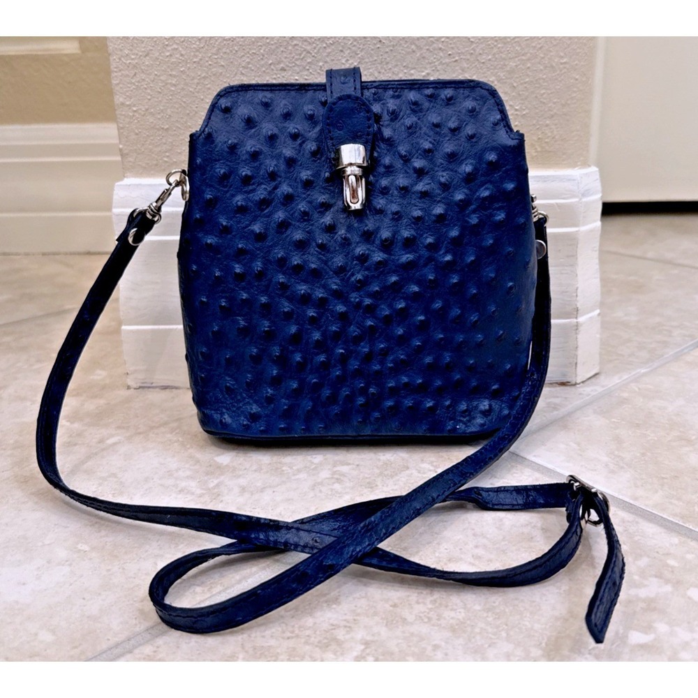 Navy Blue Faux Ostrich Leather Crossbody Bag Turn Lock Small Handbag